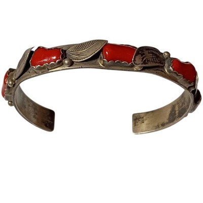 Sought-after 1950s Fred Francis Zuni Coin Silver Red Coral Cuff Bracelet 