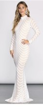 Windsor Beige Sequin Mesh Mock Neck Open Back Long Maxi Gown Dress Size L