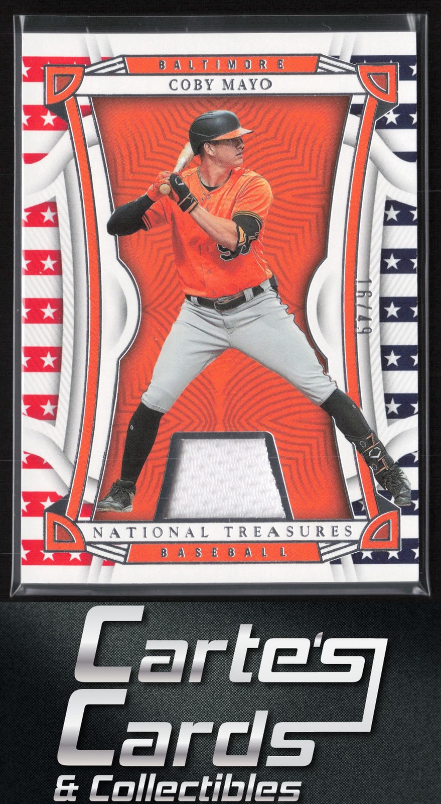 Coby Mayo 2023 Panini National Treasures #36 Red White Blue Jersey Relic 16/49