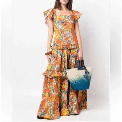 LA DOUBLEJ Scarlett Floral Tiered Maxi Dress Lily Orange Floral Sz XL {KK21}