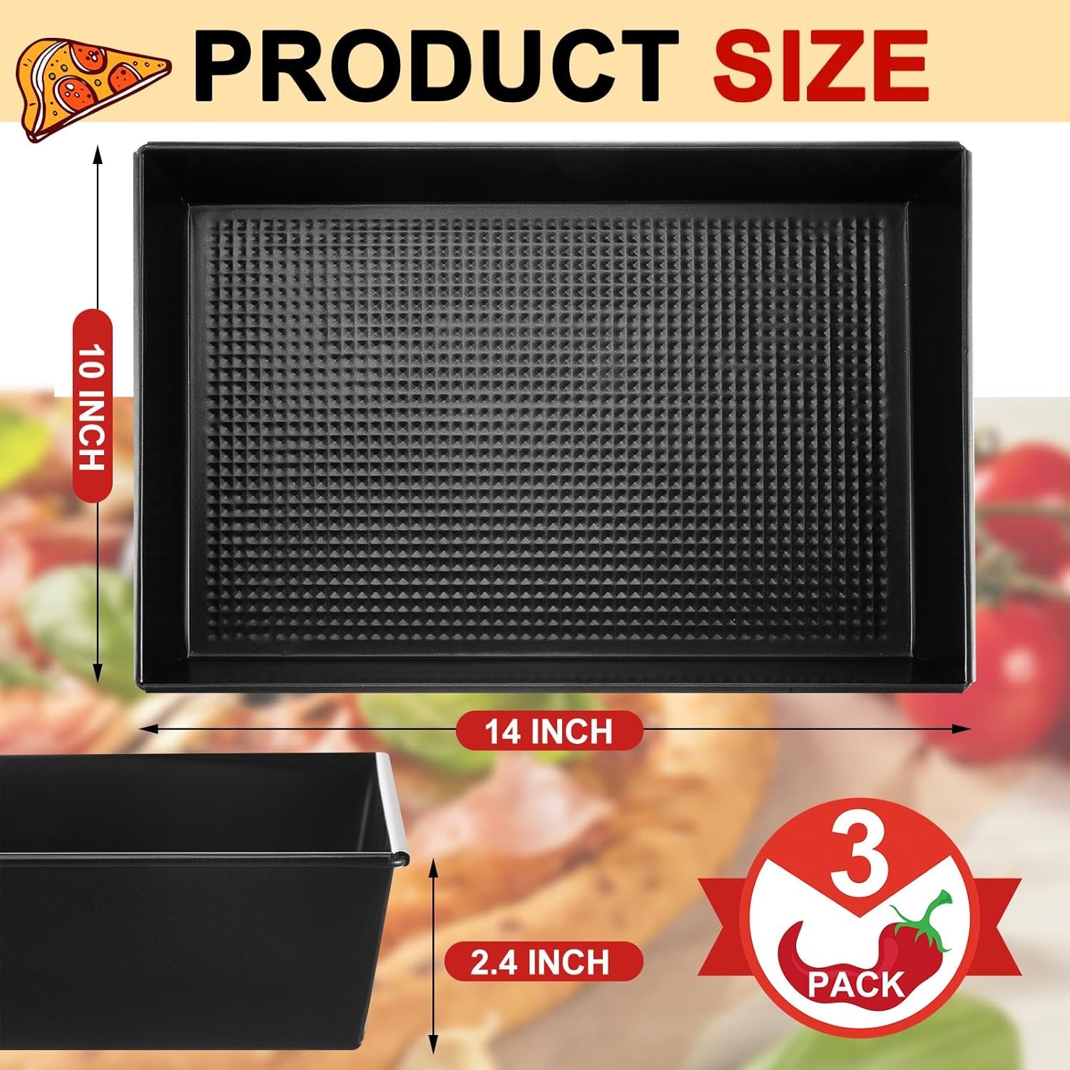 3 Pcs Detroit Style Pizza Pan 10 x 14 x 2.36 Inch 10 x 14 x in, Black 