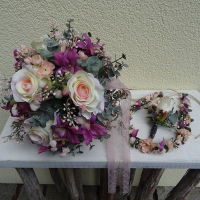 Brautstrauß Hochzeitstrauß Blumenstrauss Rose Eucalyptus Anstecker Haarkranz Set