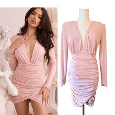 HOUSE OF CB Pink Gigiana Mini Dress XS Blush Pink Plunge V Neck Bodycon Ruched