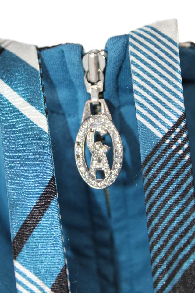 Christine Alexander Womens Front Zip Mock Neck Plaid Trim Jacket Blue Large - Image 4 of 4