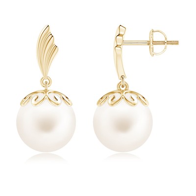ANGARA 10mm Freshwater Pearl Dangle Earrings with Wing Motif in 14K Solid Gold