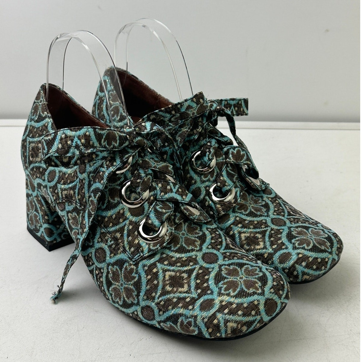 Jeffrey Campbell Clarice Teal/Brown Tapestry Lace-up Block Heels Women's Sz 10