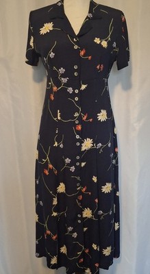 Vtg. 80s Navy Floral Midi Dress Womens Cottagecore Button down empire waist Sz 4