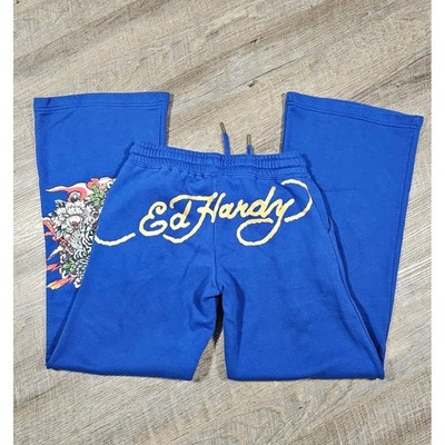 Ed Hardy Tattoos Royal Blue Wide Leg Sweatpants Tiger Graphic Y2K Small