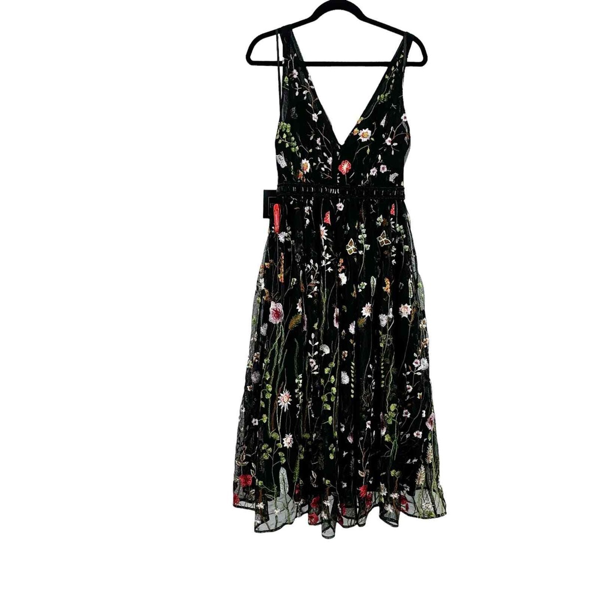sachin and babi light blue dress Mac Duggal Floral-Embroidered Tulle Midi-Dress V-Neck Black Multi Size 6  NWT
