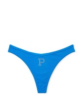 Victoria's Secret PINK - S Ribbed Cotton Thong Panty Blue Rhinestone Bling Small