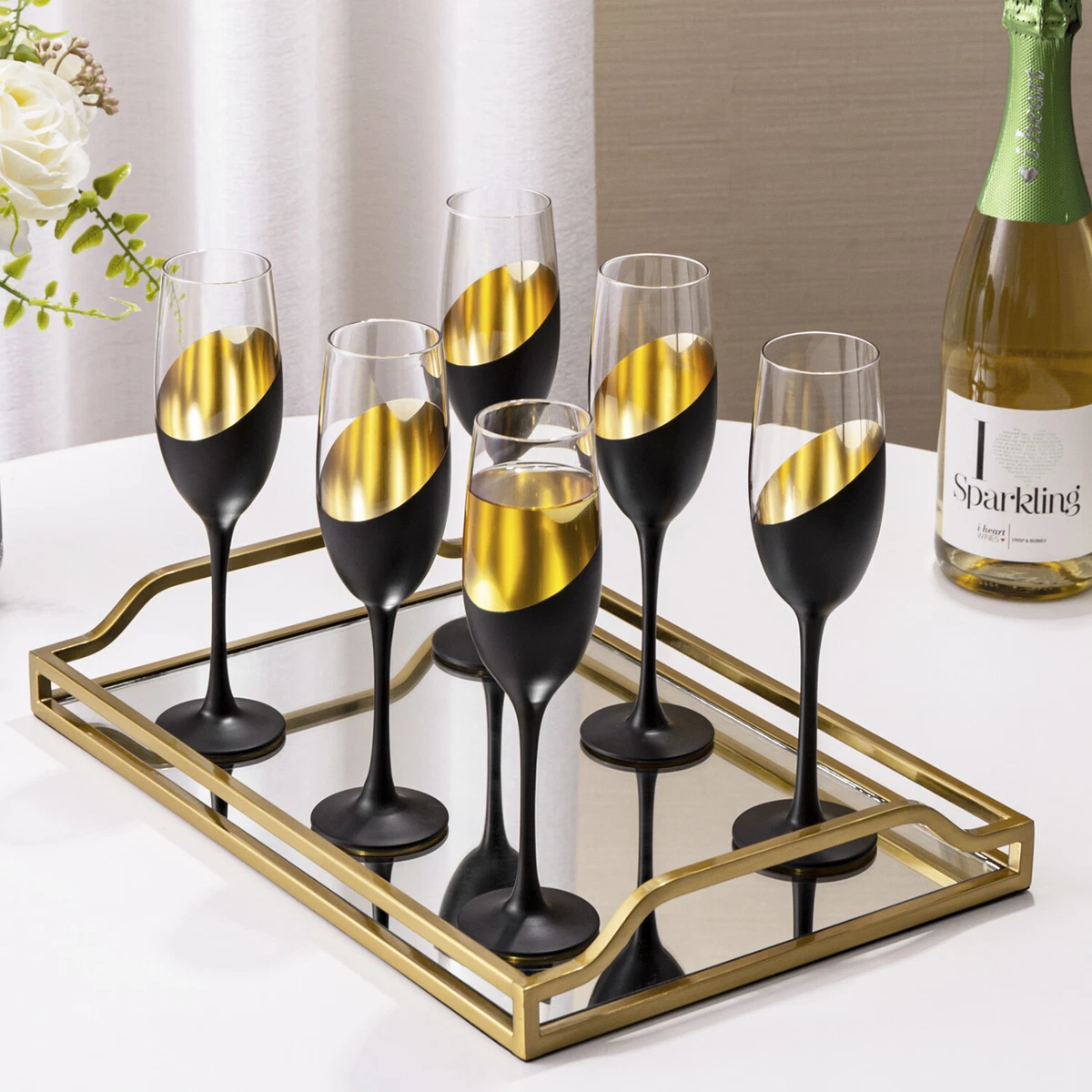 Matte Black & Gold Plated Design 8 oz Stemmed Champagne Flute Glasses, Set  of 6