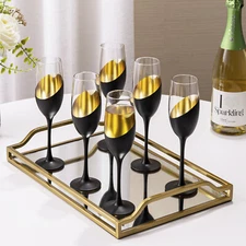Matte Black & Gold Plated Design 8 oz Stemmed Champagne Flute Glasses, Set of 6