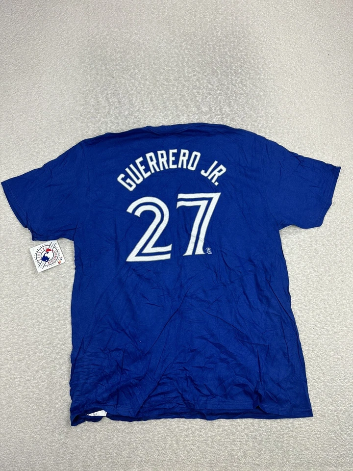 Camiseta masculina Majestic Toronto Blue Jays tamanho XL azul logotipo da liga principal de beisebol Guerrero Jr #27 - Imagem 2 de 4