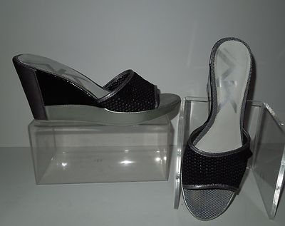Anne Klein Sport Perforated Black Suede Platform Wedge with Silver Accents 