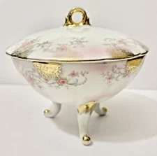 Vtg Lefton China Heirloom Rose w/Gold Accents 3 Footed Candy Dish - KF1377R