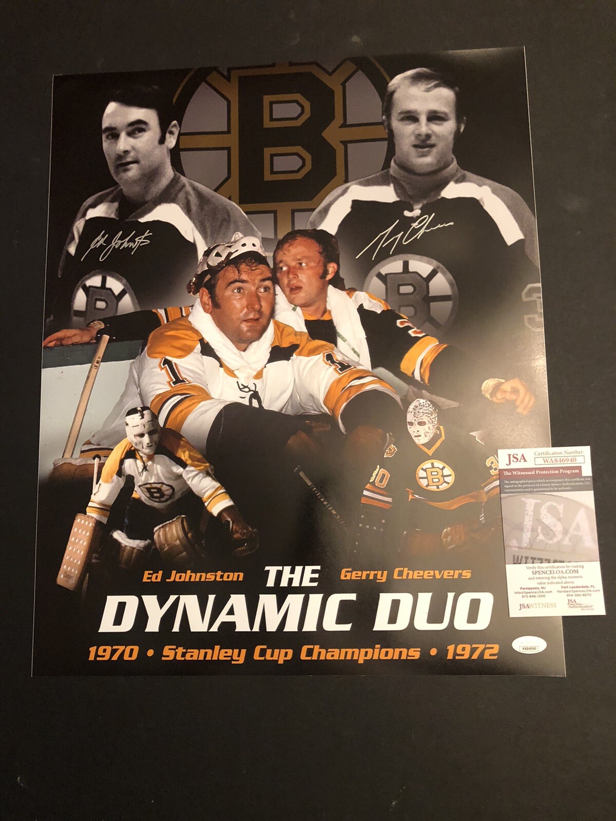 GERRY CHEEVERS / ED JOHNSTON Autographed Signed Boston Bruins JSA GERRY CHEEVERS & ED JOHNSTON 16X20 PHOTO AUTO MASK 940 