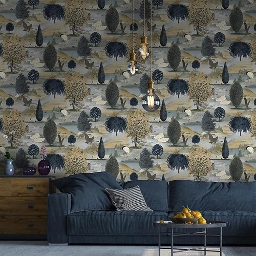 Holden Delamere Swan Lake Navy and Ochre Bird Print Wallpaper 13491 - Picture 3 of 3