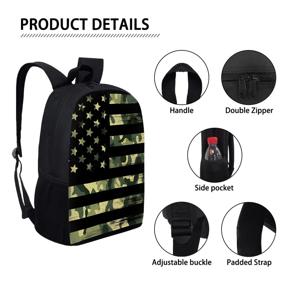 Зеленый камуфляж рюкзак для мальчиков 8-12 американский флаг рюкзак с ланчбокс и Pe... - Изображение 3 из 4
