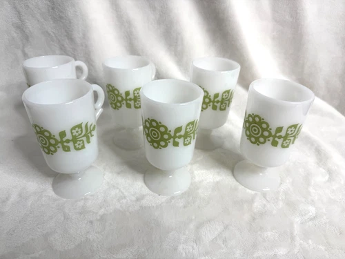 Set of 6 Vintage Glasbake Green Mod Flower Milk Glass Pedestal Irish Coffee Mugs
