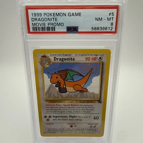 1999 POKEMON GAME MOVIE MOVIE PROMO #5 DRAGONITE PSA 8