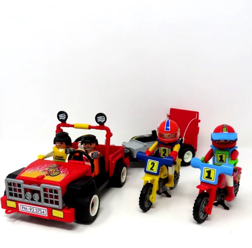 Vintage Playmobil 3754 Red Jeep Trailer Dirt Bikes Motocross + Extra Drivers ’74