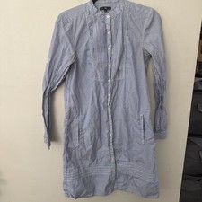 Gap Striped Shirt Dress M Pleated Bib Button Down Pockets Blue White Long Sleeve