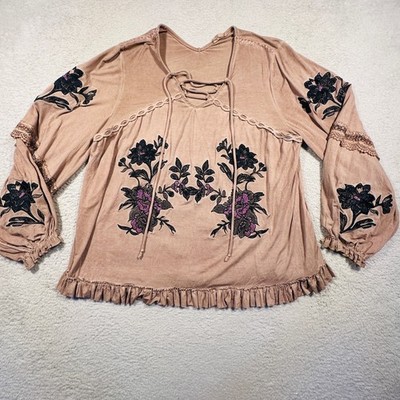 POL Clothing Embroidered Boho Top Womens S Mauve Floral Lace Up SMT505 Bohemian