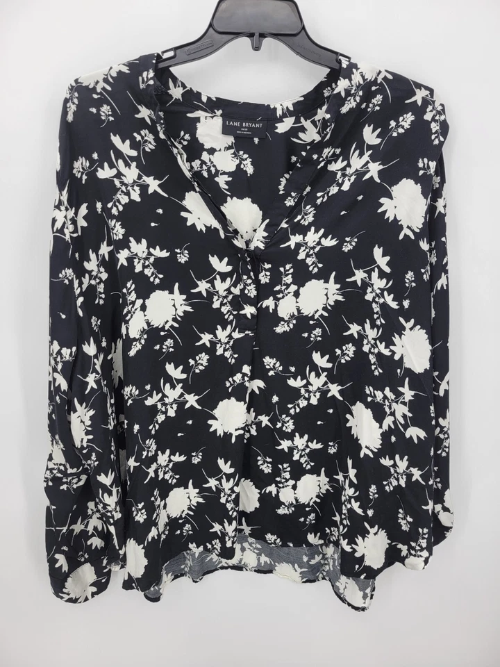 Blusa Lane Bryant Top Mujer Plus 26/28 Negra Blanca Floral Mate Satén Popover Foto 2 de 4