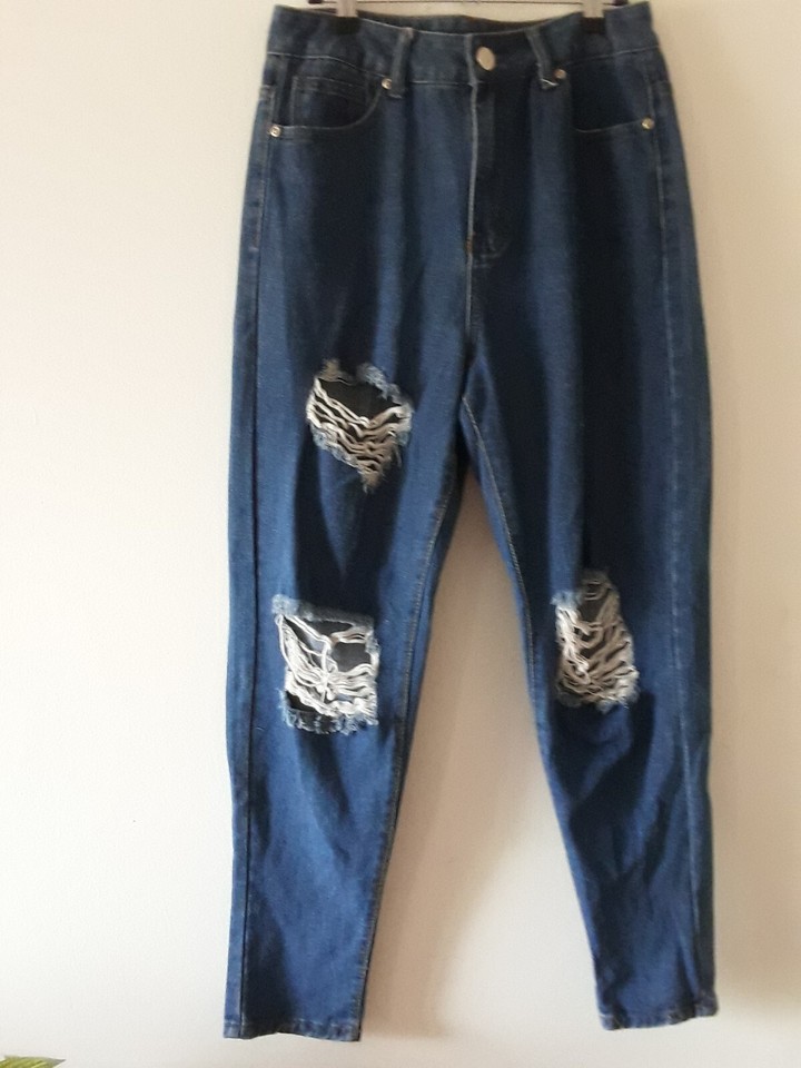Boohoo Jeans  Womens Size 10 Blue Denim  Distressed High Rise  Pockets Mum Style