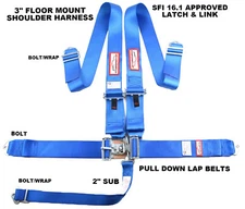 FLOOR MOUNT 5 POINT RACE HARNESS BLUE LATCH & LINK 3" WEBBING LETS GO RACING