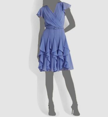 $196 Ralph Lauren Women's Blue Ruffle-Trim Belt Fit & Flare Dress Size 4 |  eBay
