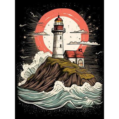 Leuchtturm auf einer Klippe zerquetschende Wellen unter Americana 50er Leinwand Poster Druck Kunst