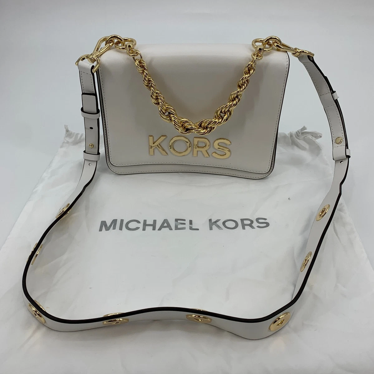 Michael Kors Geanta Mott Purse Satchel White Leather Gold Eyelet Chain Handle