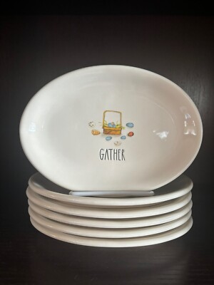 Rae Dunn 6 ''GATHER'' Oval Plates Easter Spring Egg Hunt Basket NWT