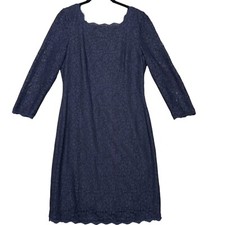 Adrianna Papell  V-Back Long Sleeve Lace Sheath Dress Women's 10 Navy Old Money