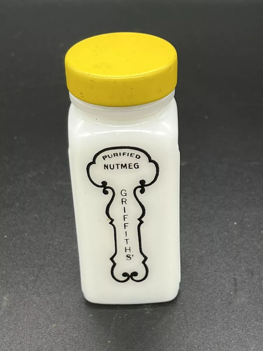 Vintage GRIFFITH S PURIFIED NUTMEG Milk Glass Spice Jar Yellow Lid
