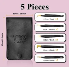 5 Pcs Japanese Steel Lash Tweezers Set with Leather Case 45 & 90* titanium tips