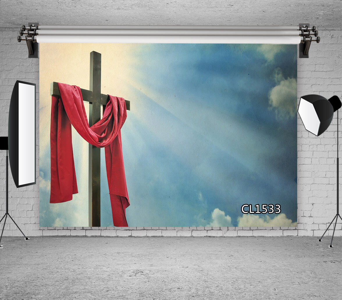 7x5FT Photography Studio Props Backdrop Jesus Cross Red Ribbon