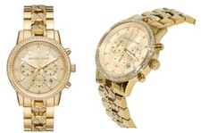 NEW MICHAEL KORS OVERSIZED RITZ GOLD TONE CURB LINK,PAVE CRYSTALS WATCH MK6937