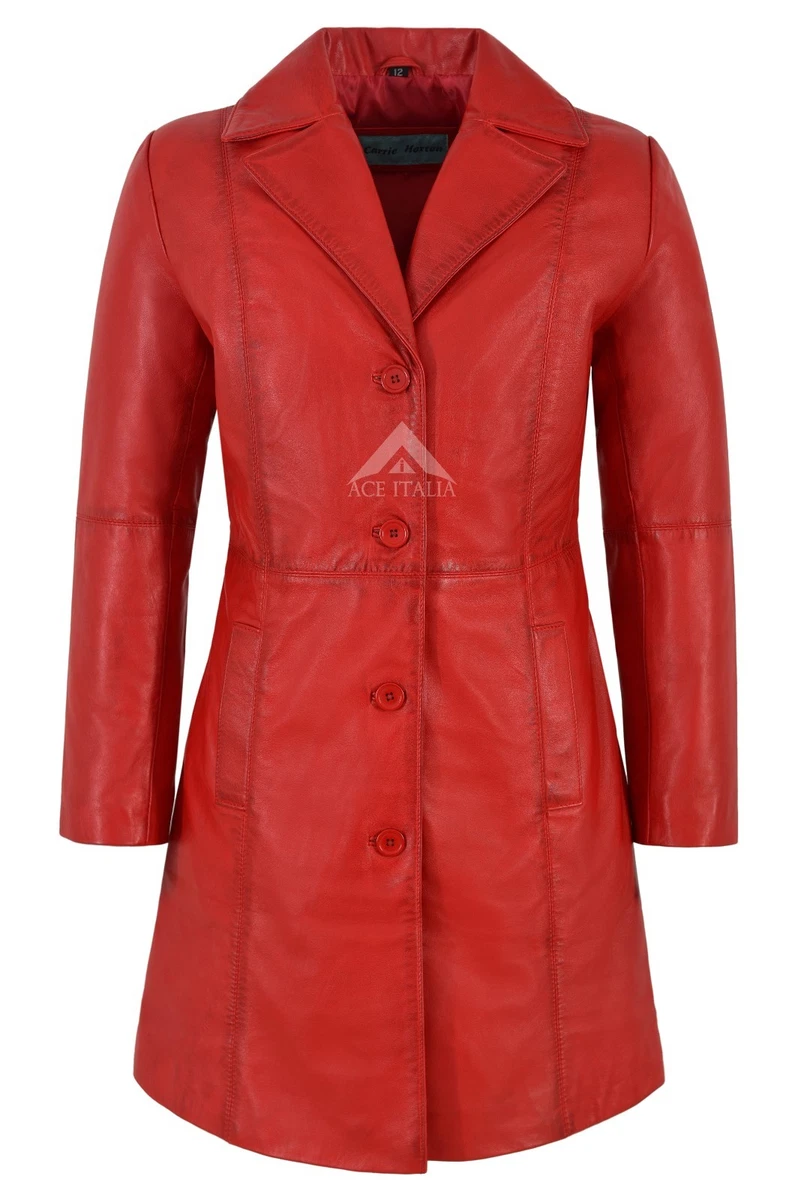 TRENCH Ladies Leather Jacket Red Knee Length Classic Designer Lambskin Coat 3457