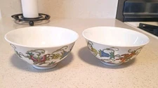 Pair Vintage Jingdezhen Butterflies Flowers Vines Rice Bowls Marked