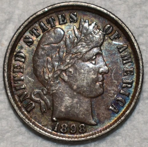 About Uncirculated 1898-P Barber Dime, Attractive, Richly Toned specimen.