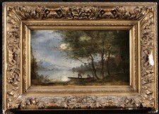 COROT - SIGNED c. 1865 FRENCH BARBIZON OIL ON CANVAS - LAKE NEMI MOONLIGHT