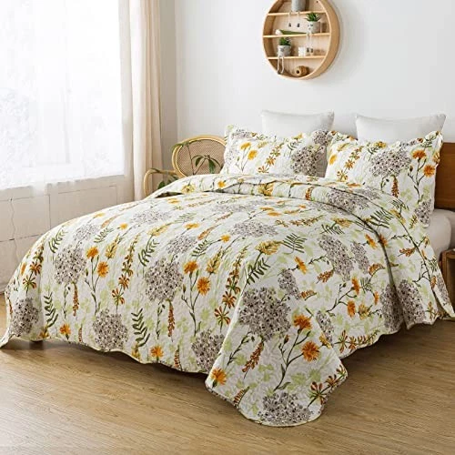 3-Piece Quilt Set Quilted Bedspread Lightweight Queen Qs-yellow Flower — 第 2/4 张图片