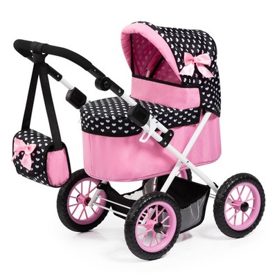 Trendy Doll Pram-Black & Pink W/ Hearts Dolls 18''