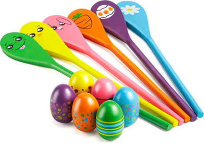 Easter 12PCS Egg and Spoon Race Game Set, 6 Woodeen Egg and Spoons with Assorted