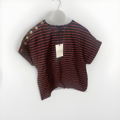Who What Wear Women s S Black Red Top Stripe Short Sleeve Buttons Blouse New 