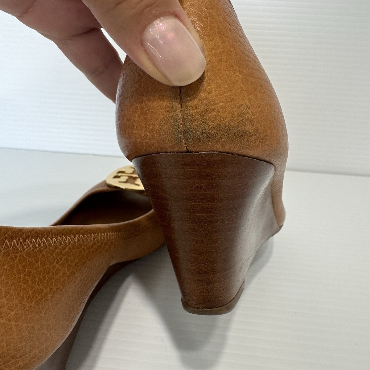 Tory Burch Brown Leather Sally Wedge Gold Logo Peep Toe Pump Tory Burch Brown Leather Sally Wedge Gold Logo Peep Toe Pump