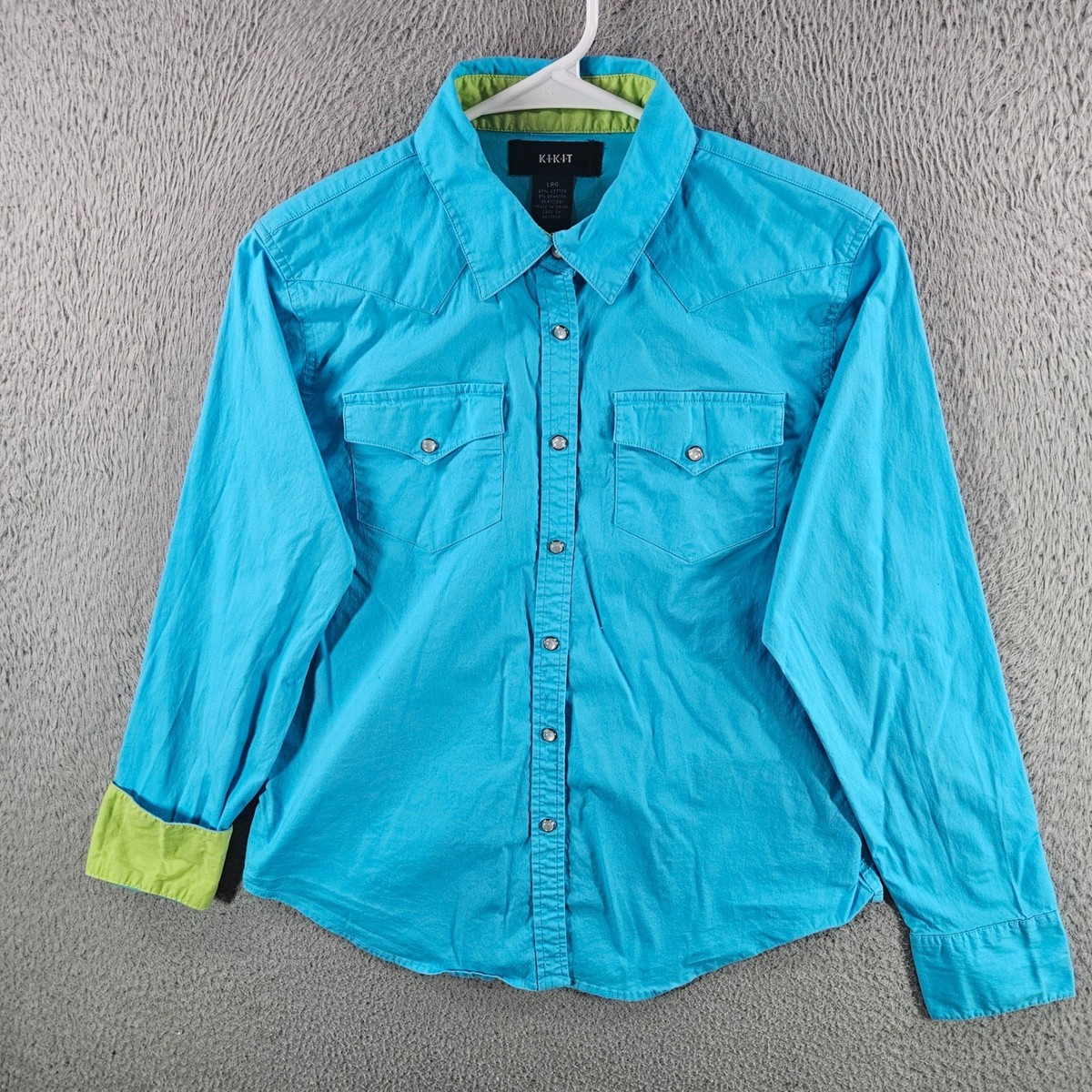 Kikit Womens Western Snap Button Down Shirt Turquoise Blue Lime Green Large  L | eBay