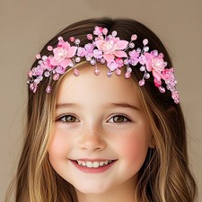 Flower Girl Headpiece Pink Crystal Headband Pearl Floral Wedding Hair Accesso...